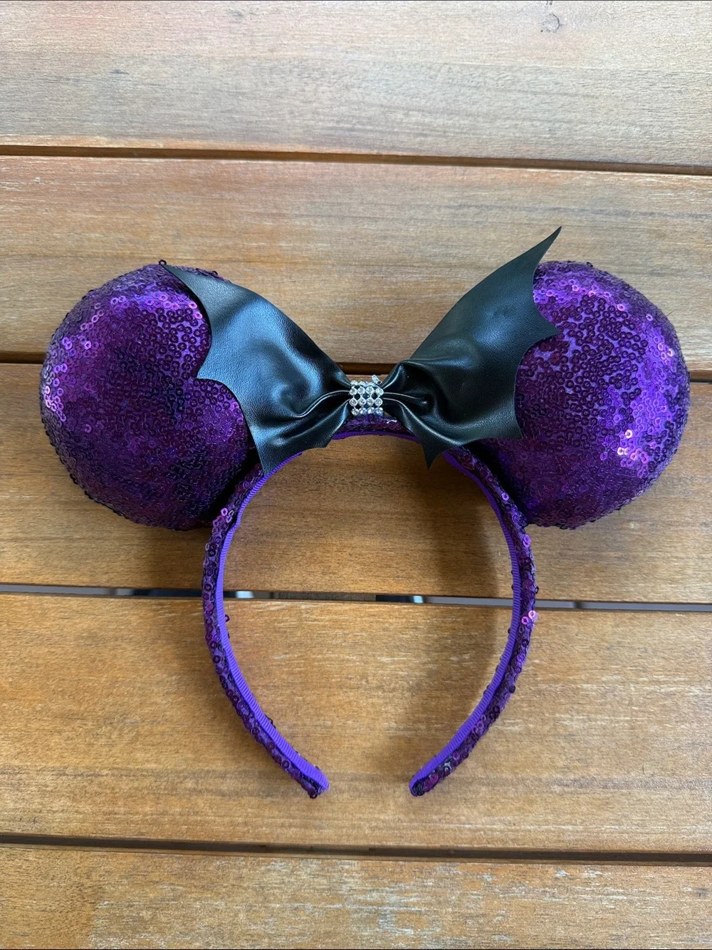 Kids Purple Sequin Mickey Mouse Halloween Ears Headband with Black Bat Bow